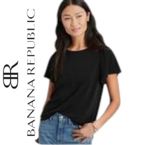 NWT Banana Republic Crepe Top Flutter Sleeve Semi-sheer with Stripes in Black - Picture 1 of 16